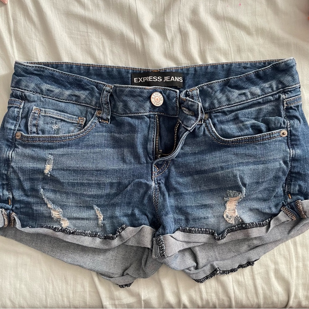 Express Distressed Rolled Cuff Denim Shorts - Dark Blue